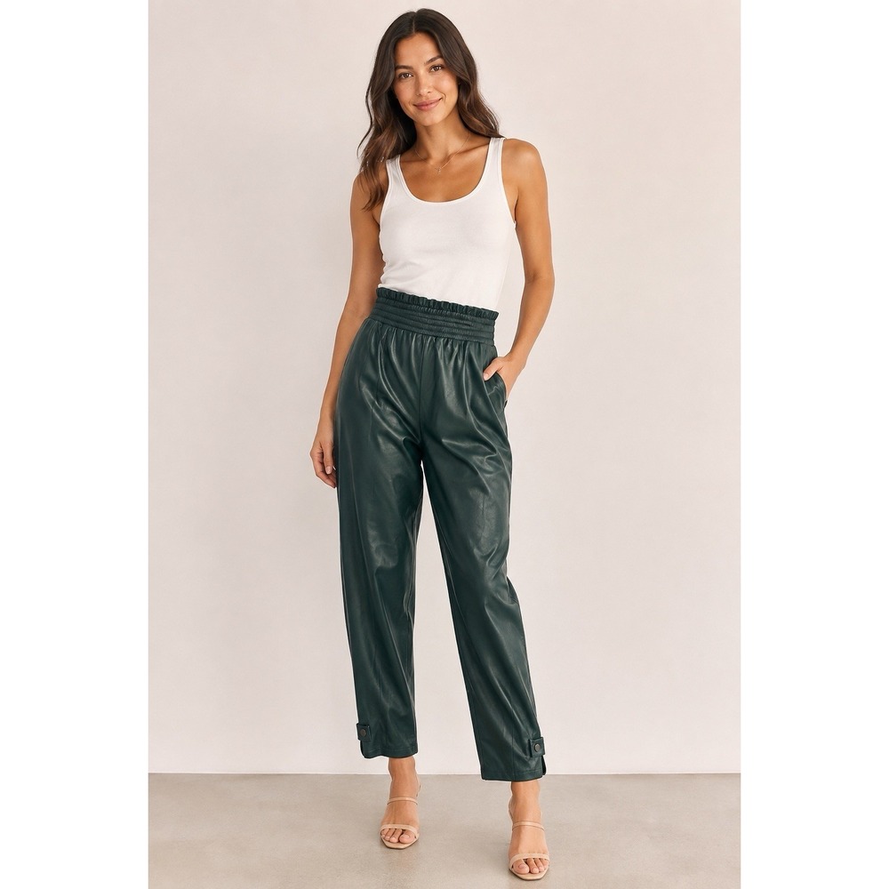NWT Ryegrass Size M Deep Green Faux Leather Paperbag Joggers High Rise Pants $80